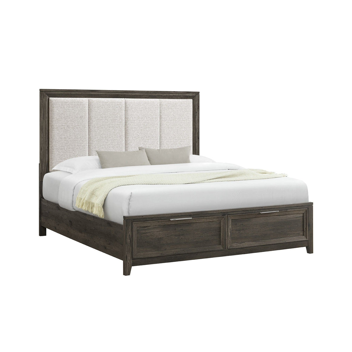 Storage bed with dark upholstered padded headboard, two front drawer storage, slatted base.