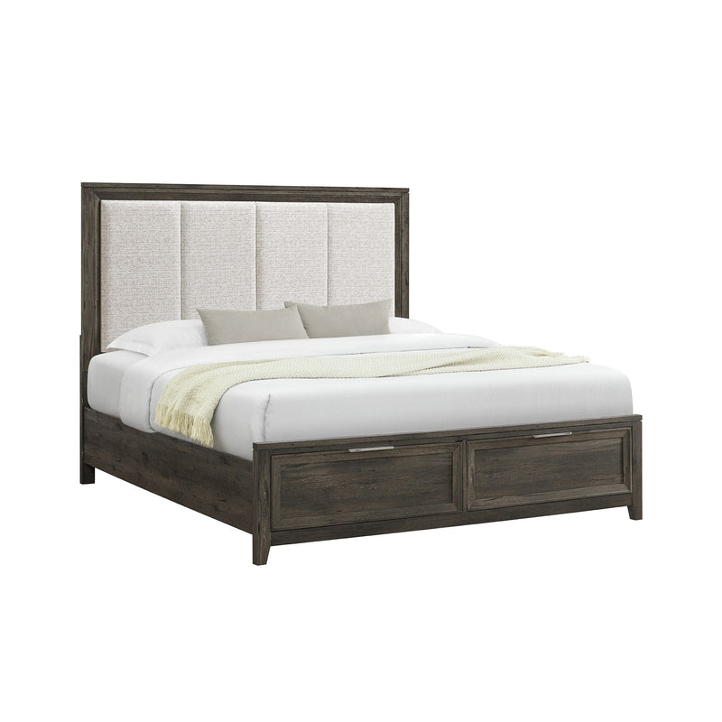 Storage bed with dark upholstered padded headboard, two front drawer storage, slatted base.