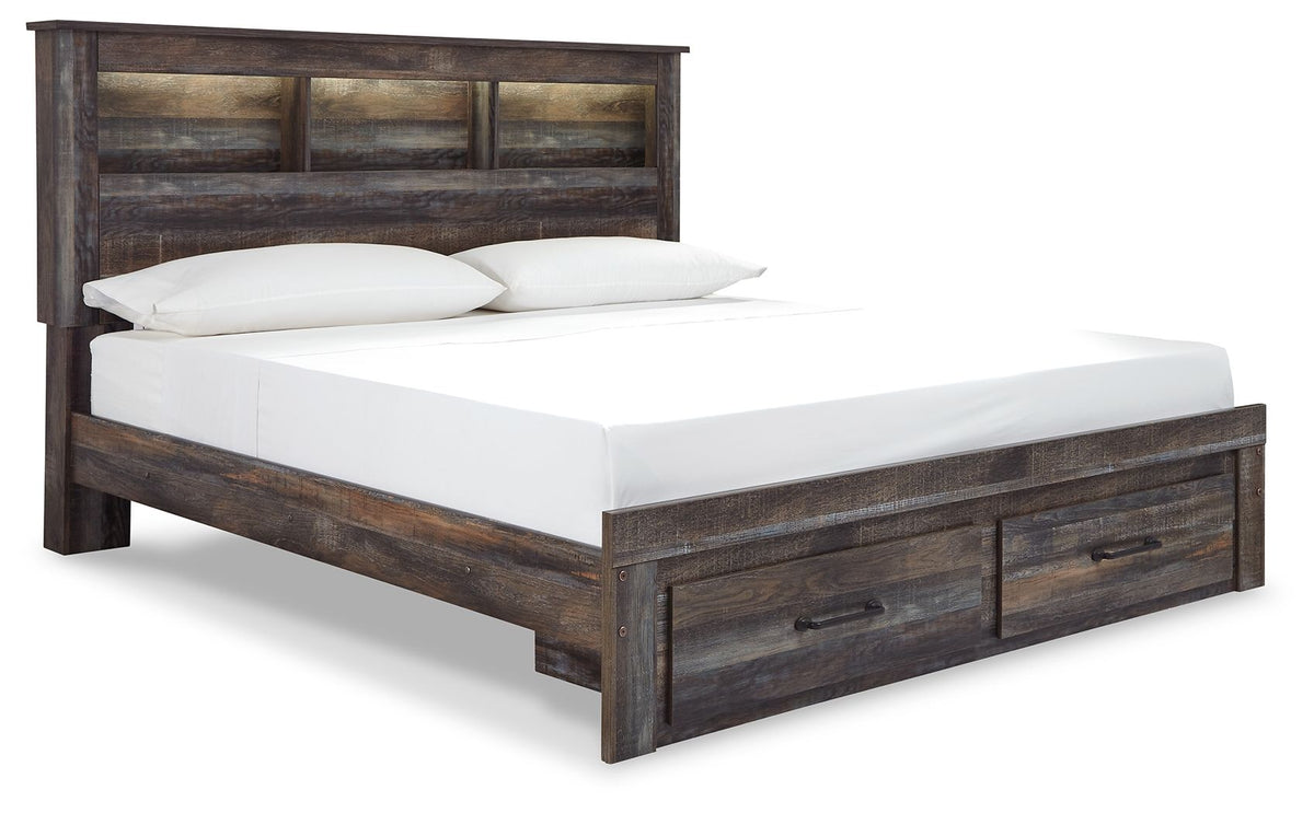 Panel bookcase bed with open-shelf headboard and two drawers, dark wood frame, white bedding