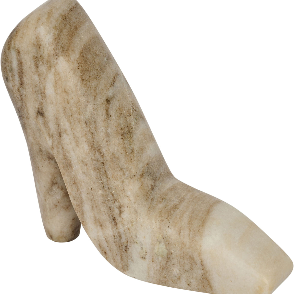 Beige marble high-heel shoe sculpture with speckled veining and tall block heel