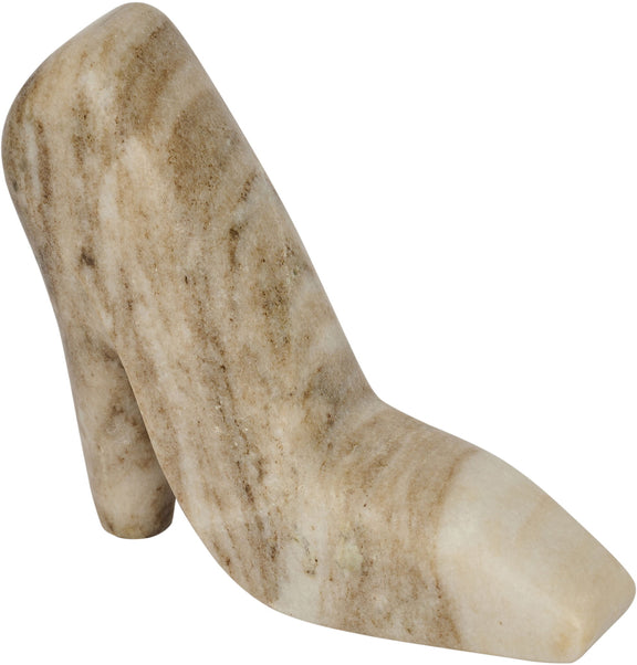 Beige marble high-heel shoe sculpture with speckled veining and tall block heel