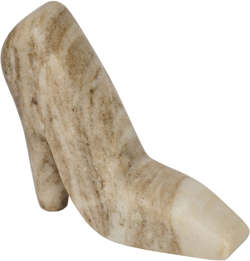 Beige marble high-heel shoe sculpture with speckled veining and tall block heel