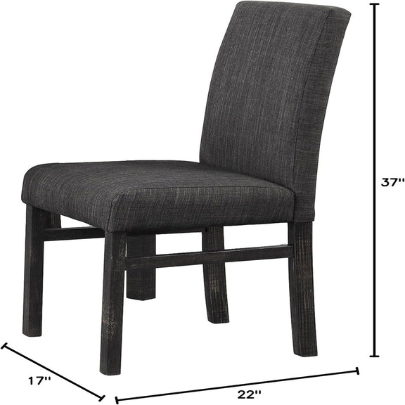 Dark gray upholstered dining chair with tall back and cushioned seat.