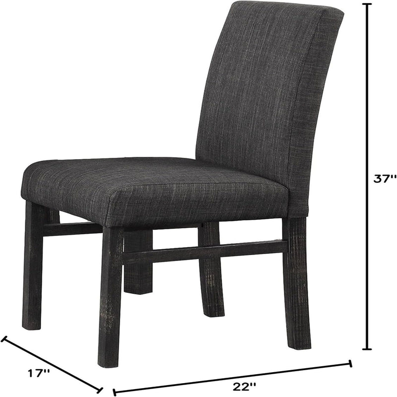 Dark gray upholstered dining chair with tall back and cushioned seat.