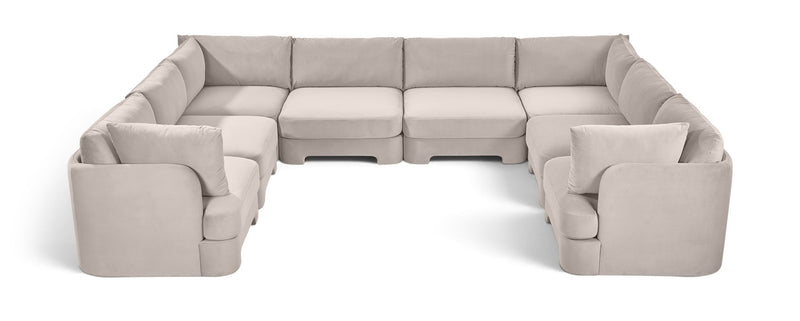 Light gray velvet U-shaped sectional sofa, 8-piece set with padded armrests