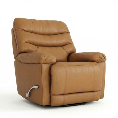 Tan swivel glider recliner with manual footrest, recline function and padded headrest