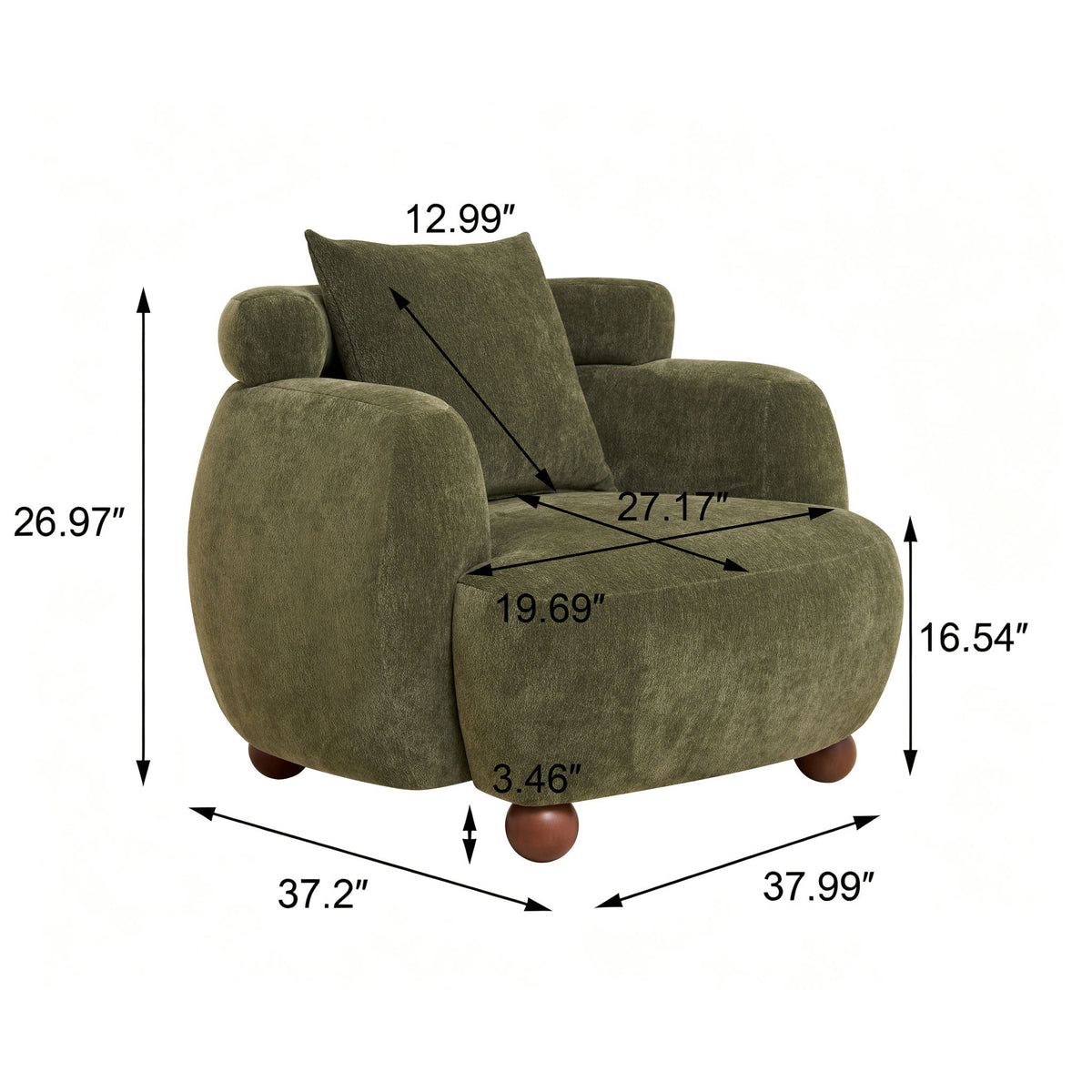 Olive green bucket accent chair with rounded arms and short legs