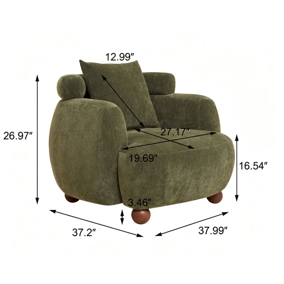 Olive green bucket accent chair with rounded arms and short legs