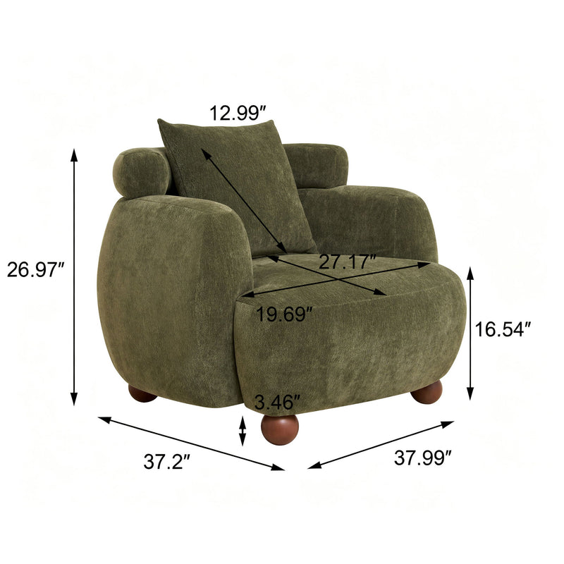 Olive green bucket accent chair with rounded arms and short legs