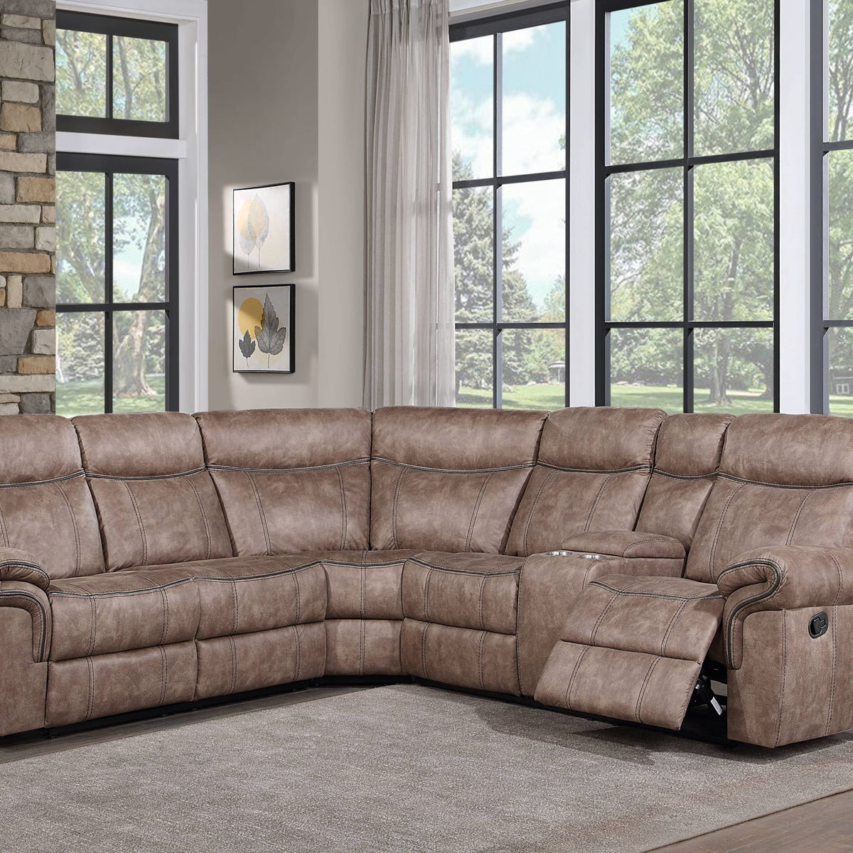 Dollum - Two Tone Nubuck Manual Recliner Sectional Sofa With USB Port Cupholder Console