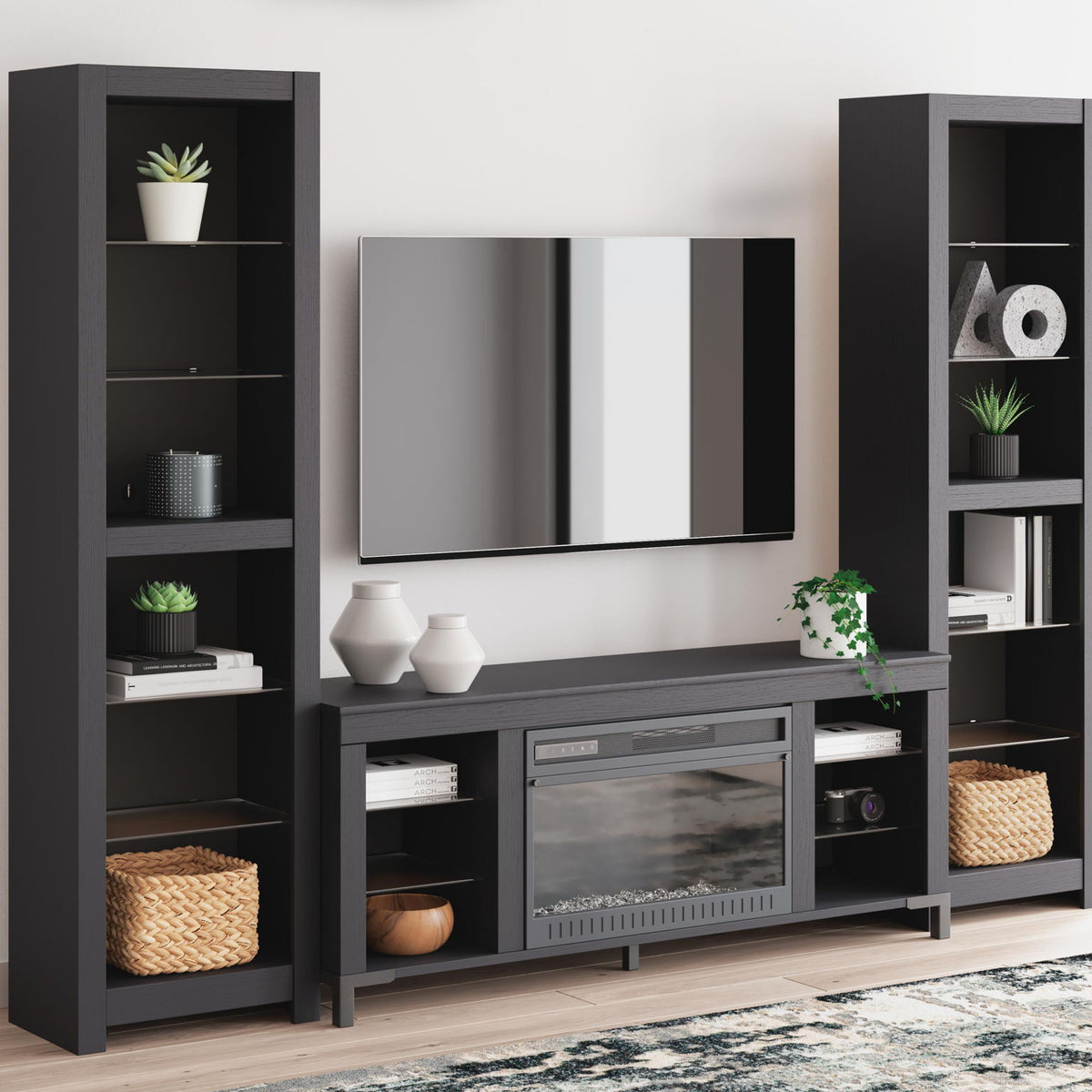 Black entertainment center with fireplace, open shelves, and top mirror panel