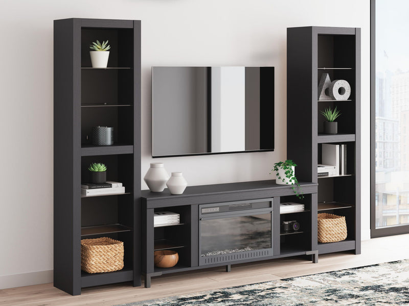 Black entertainment center with fireplace, open shelves, and top mirror panel