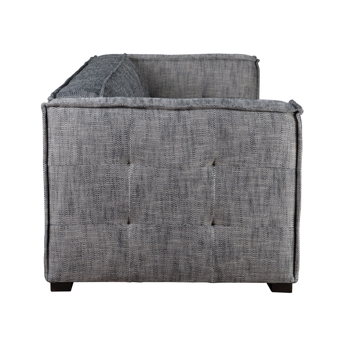 Gray fabric sofa with boxy arms, tufted back cushions, and dark wooden legs.