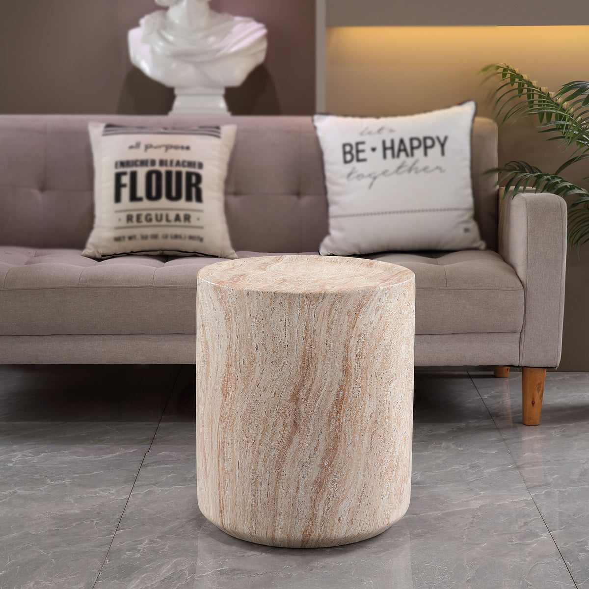 Tall Cylindrical Accent Coffee Table In - Beige / Yellow