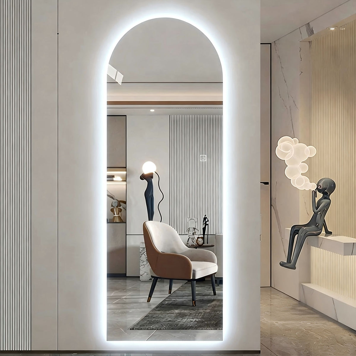 LED Full Length Wall Mirror With Symmetrical Arch Design, 3 Color Dimmable Lighting - Silver