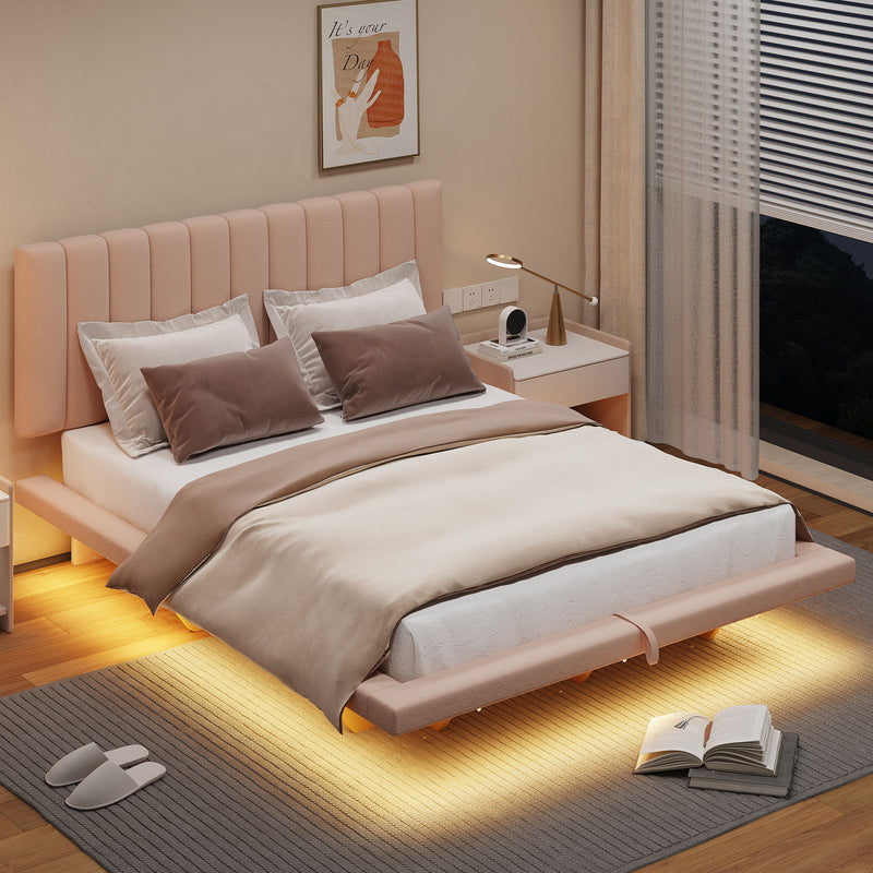 Upholstered Floating Hydrualic Platform Bed With LED Light And USB Port