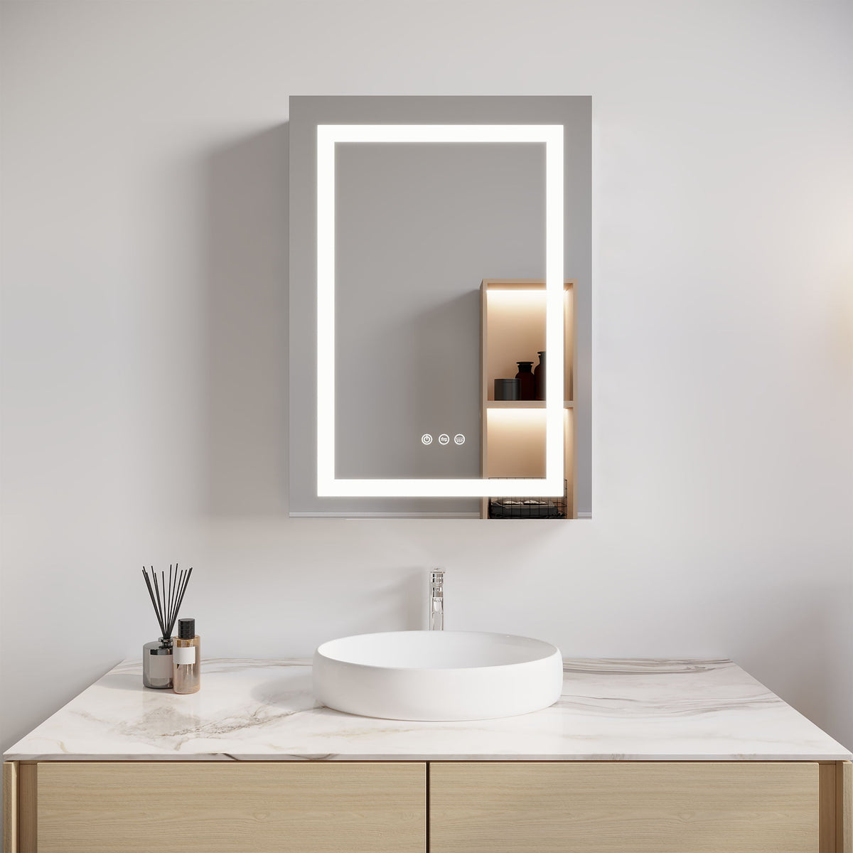 Bathroom Medicine Cabinet With LED Mirror, Anti-Fog, Waterproof, 3000K~6000K Single Door Lighted Bathroom Cabinet With Touch Swich