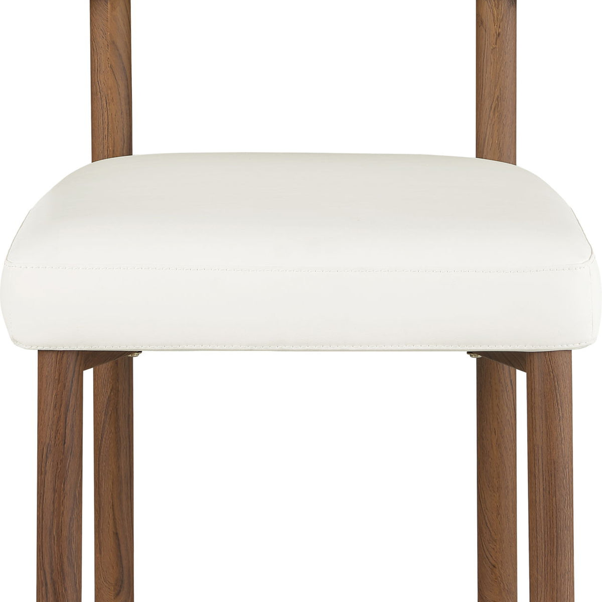 White upholstered dining chair with chenille back and rounded vegan leather seat, wood legs.