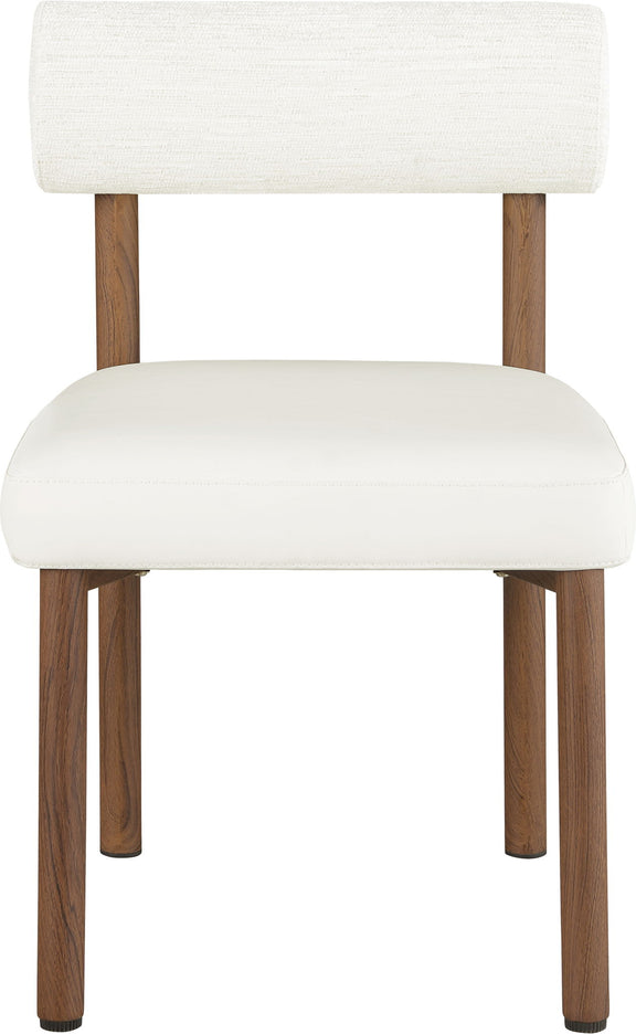 White upholstered dining chair with chenille back and rounded vegan leather seat, wood legs.