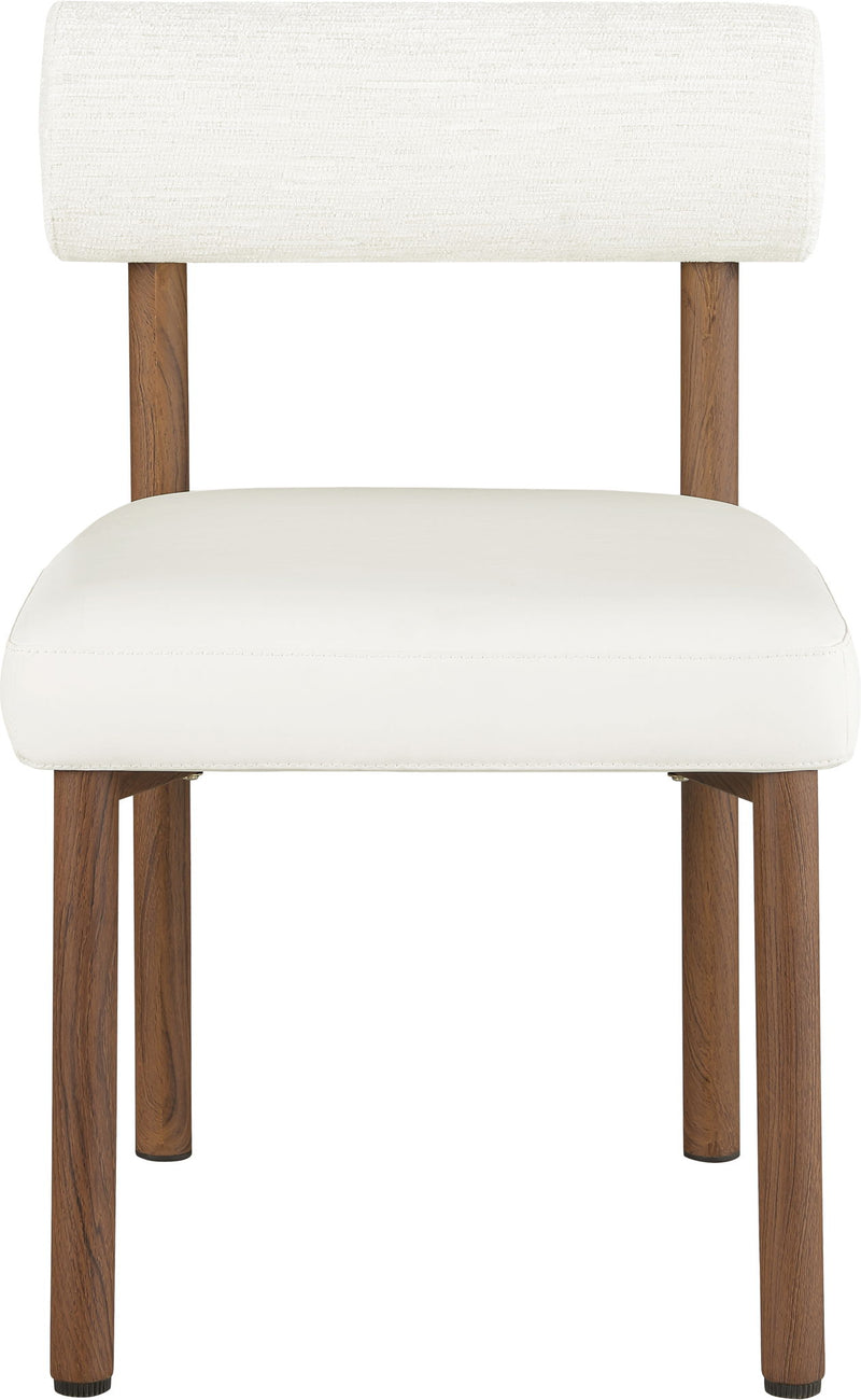 White upholstered dining chair with chenille back and rounded vegan leather seat, wood legs.