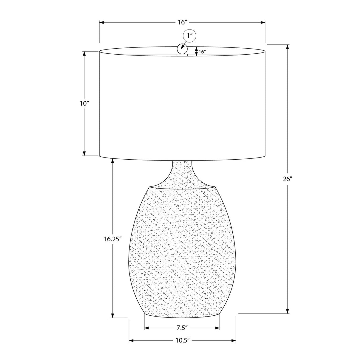 Resin table lamp diagram with cream drum shade and 26 in height