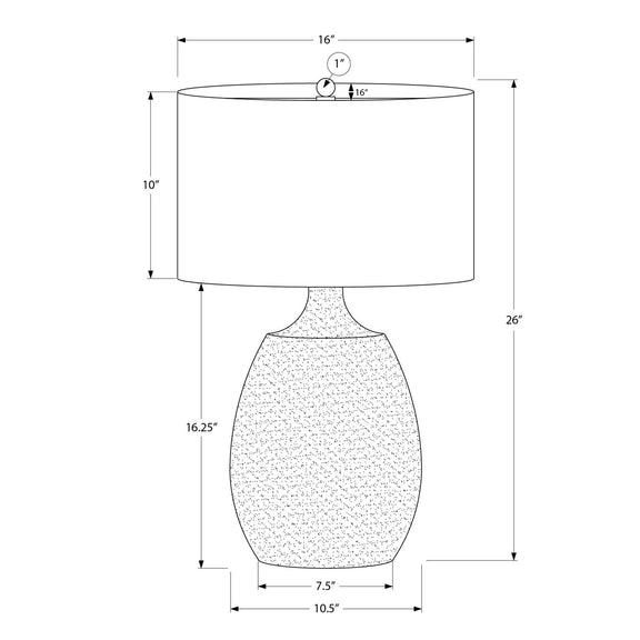 Resin table lamp diagram with cream drum shade and 26 in height