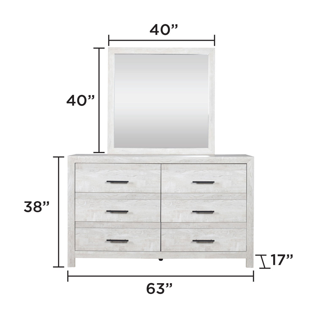 Square mirror mounted above 6-drawer vanity in light wood tone