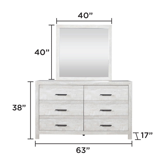 Square mirror mounted above 6-drawer vanity in light wood tone