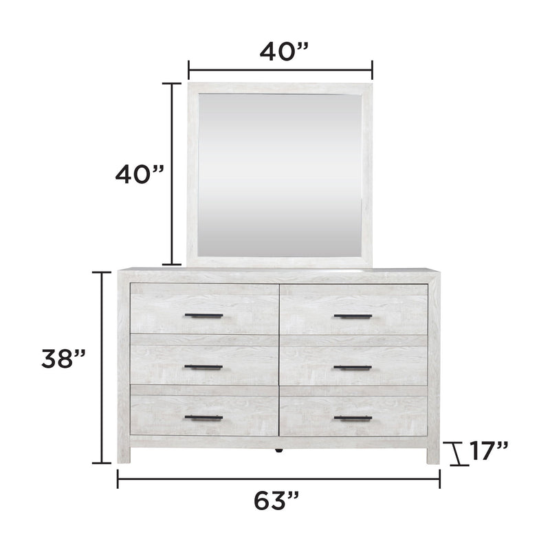 Square mirror mounted above 6-drawer vanity in light wood tone
