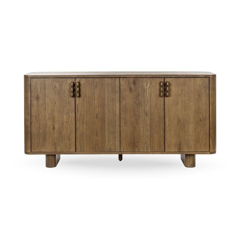 Tawny brown 4-door sideboard with two center doors and black metal pulls
