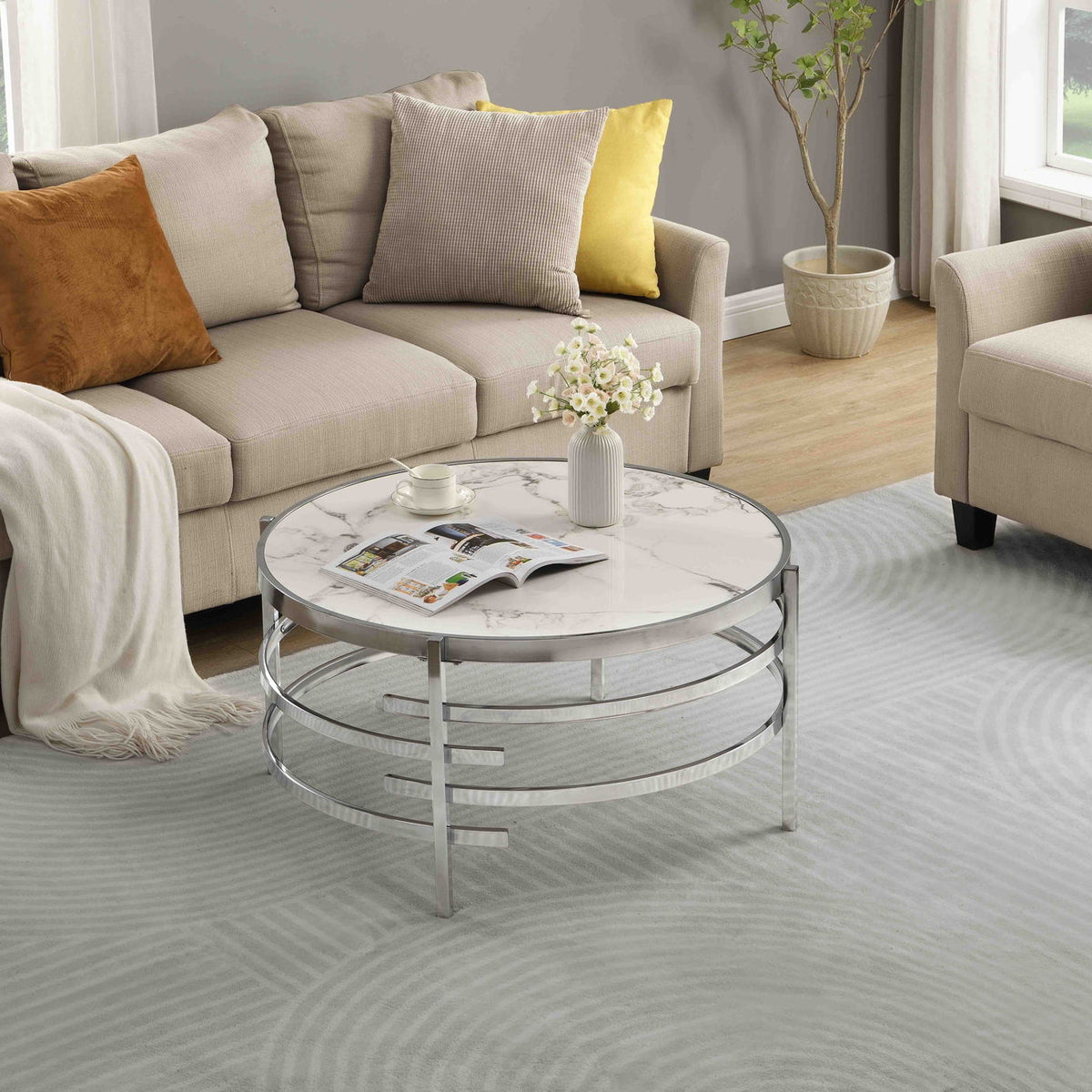 Elegant Round Table With Sintered Stone Top & Sturdy Metal Frame