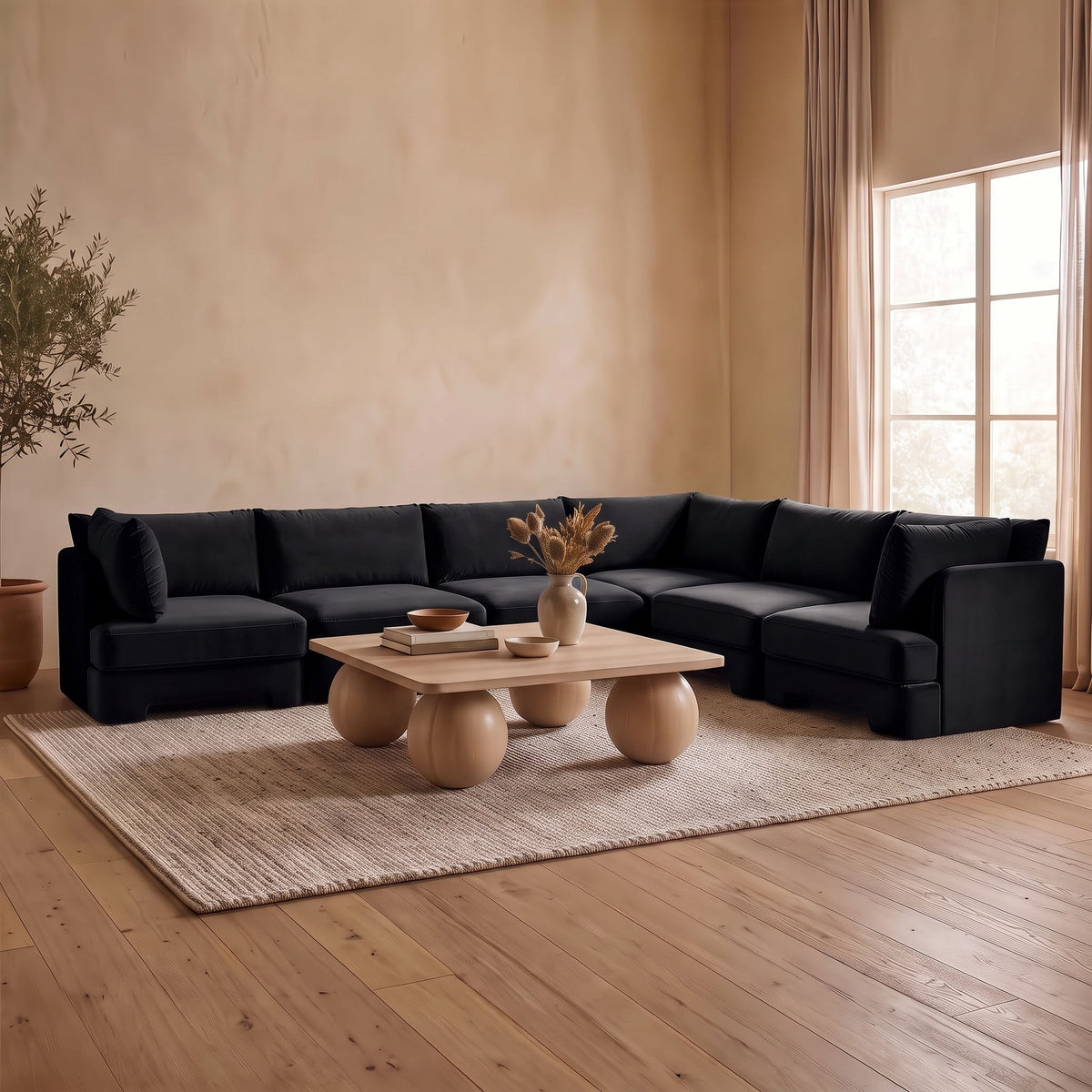 Hammond black velvet corner sectional sofa, 6-piece set with tufted back and seat cushions