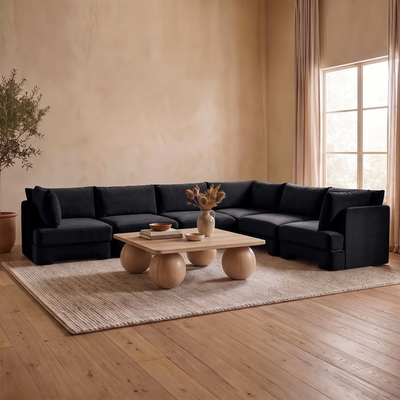 Hammond black velvet corner sectional sofa, 6-piece set with tufted back and seat cushions