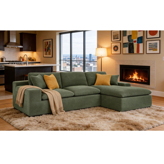 Dark green U-shaped sectional sofa with chaise, beige throw, and yellow accent pillows