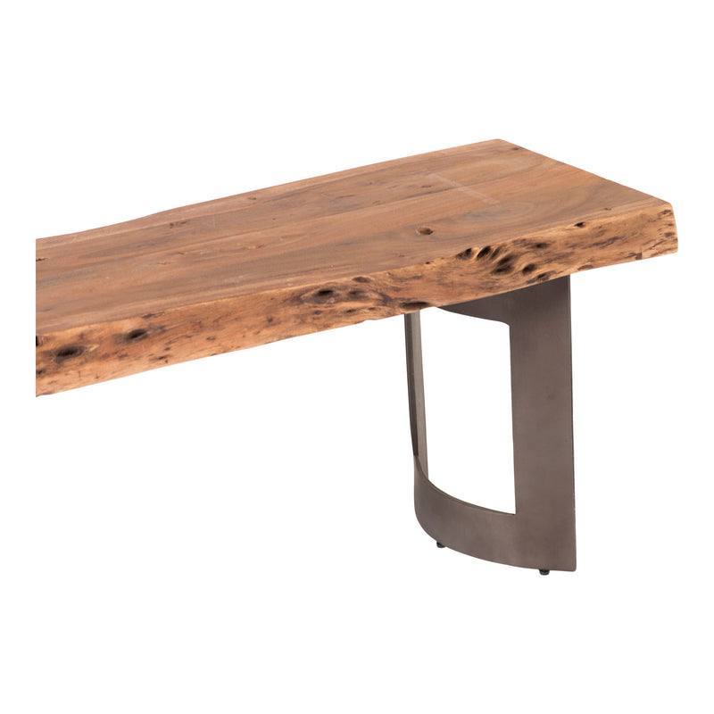 Close view of the bench's live-edge wood seat and curved metal leg