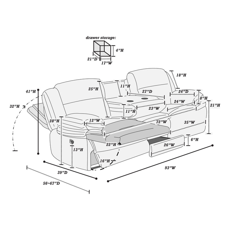 Motion Recliner Sofa With Fold-Down Table, Manual Recline, Charging Station & Cup Holders