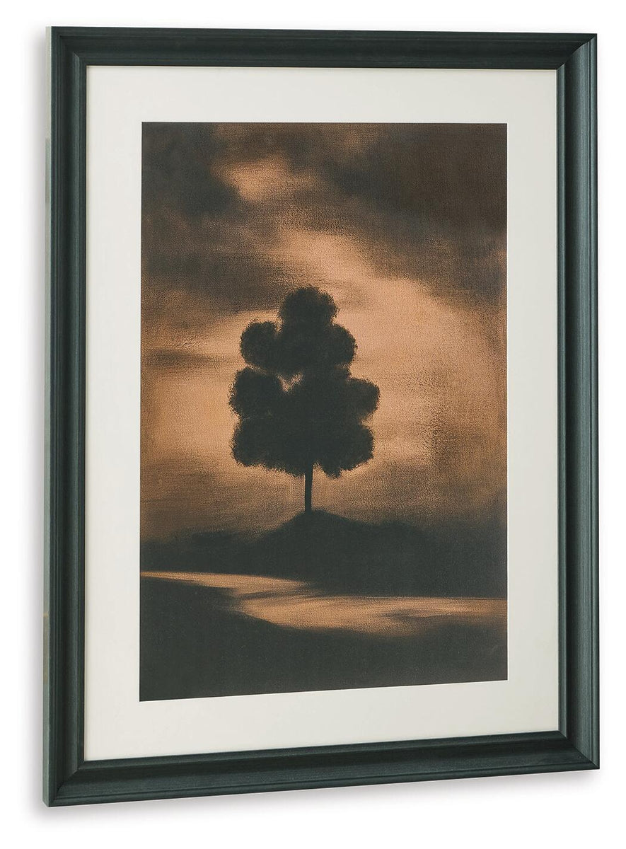 Framed wall art print with centered dark tree silhouette over a muted landscape