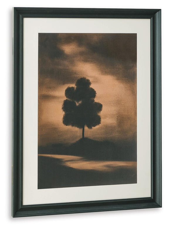 Framed wall art print with centered dark tree silhouette over a muted landscape