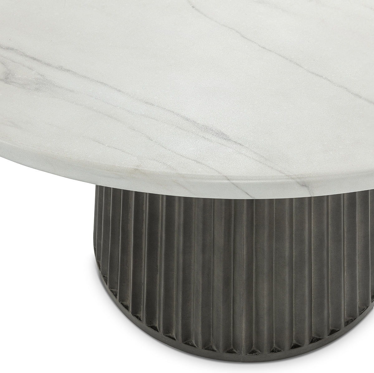 Outdoor round dining table, white marble-look top with dark ribbed base edge