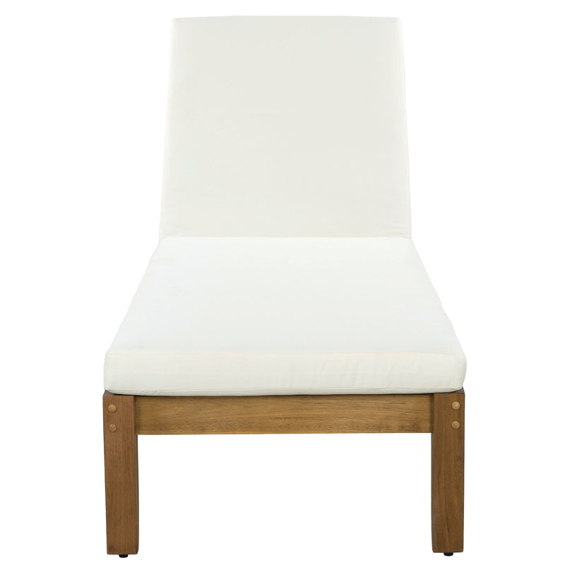 Beige outdoor lounge chair with padded backrest and seat, natural wood frame