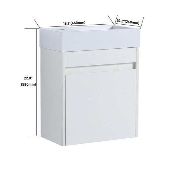 White floating bathroom vanity with soft-close cabinet door, size marked 18in