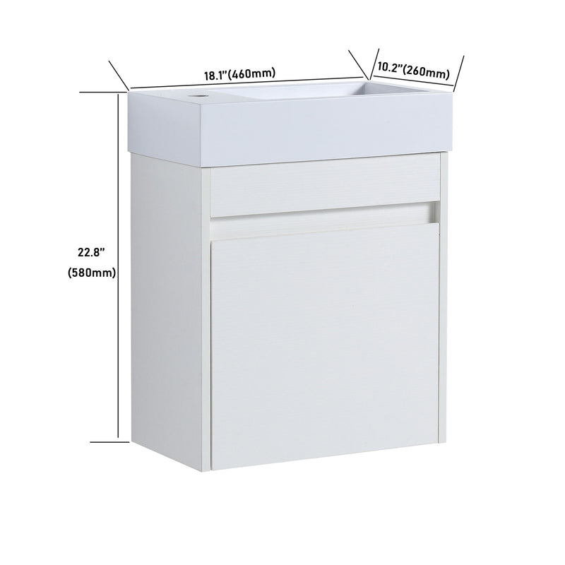 White floating bathroom vanity with soft-close cabinet door, size marked 18in