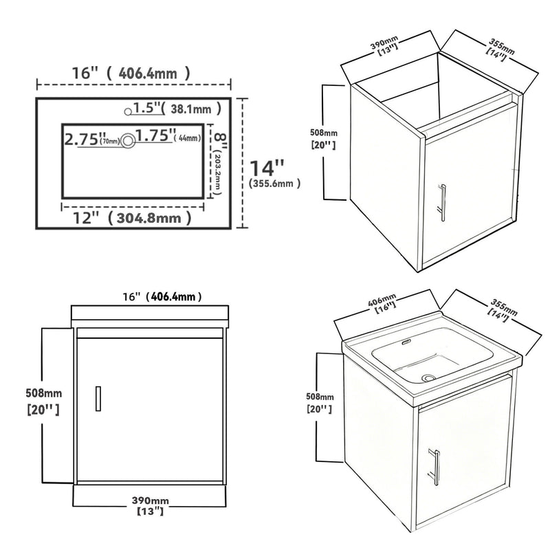 Bathroom vanity dimensions diagram showing cabinet, sink cutout, and door