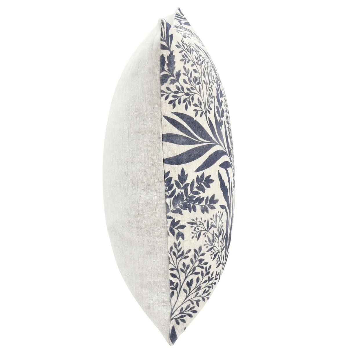 Pillow cover side view: white fabric with navy botanical stripe panel