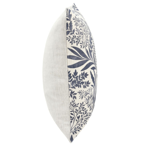 Pillow cover side view: white fabric with navy botanical stripe panel