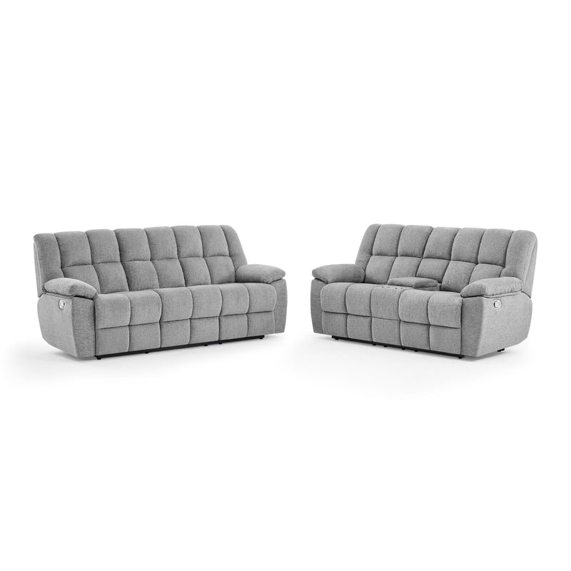 Gray reclining sofa set with tufted backs, padded arms, and reclining seat design