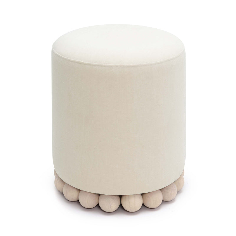 White upholstered fabric ottoman with rounded wooden ball base