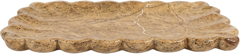 Tan marble tray with scalloped edge, angled side profile