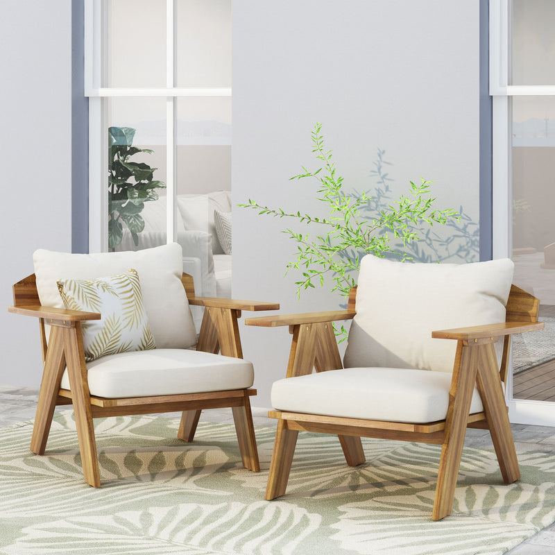 Outdoor Acacia Wood Club Chairs With Cushions (Set of 2) - Teak / Beige
