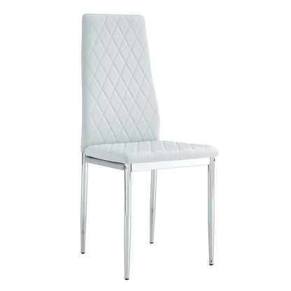White high-back dining chair with diamond-quilted upholstery and chrome legs.